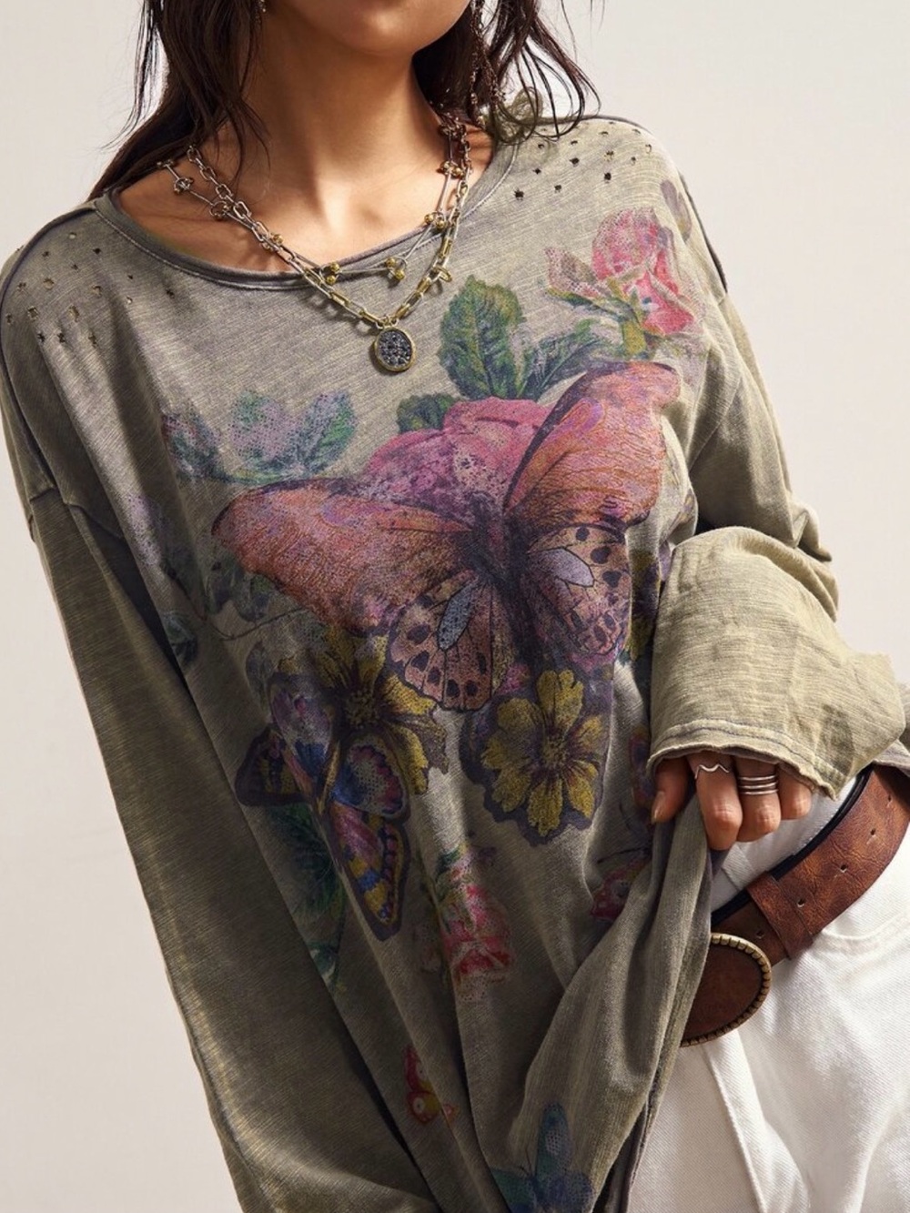 Floral Butterfly graphic Print Olive Long-Sleeve Women's Top boho green